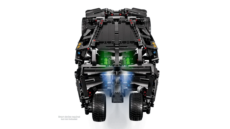 Overhead view of the LEGO Technic Batmobile Tumbler 42239 with green and blue light effects
