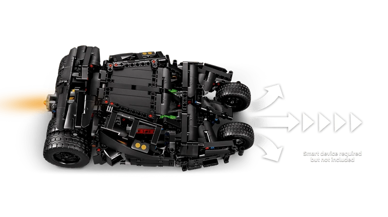 Top view of the LEGO Technic Batmobile Tumbler 42239 with arrows showing front wheel movement and forward motion