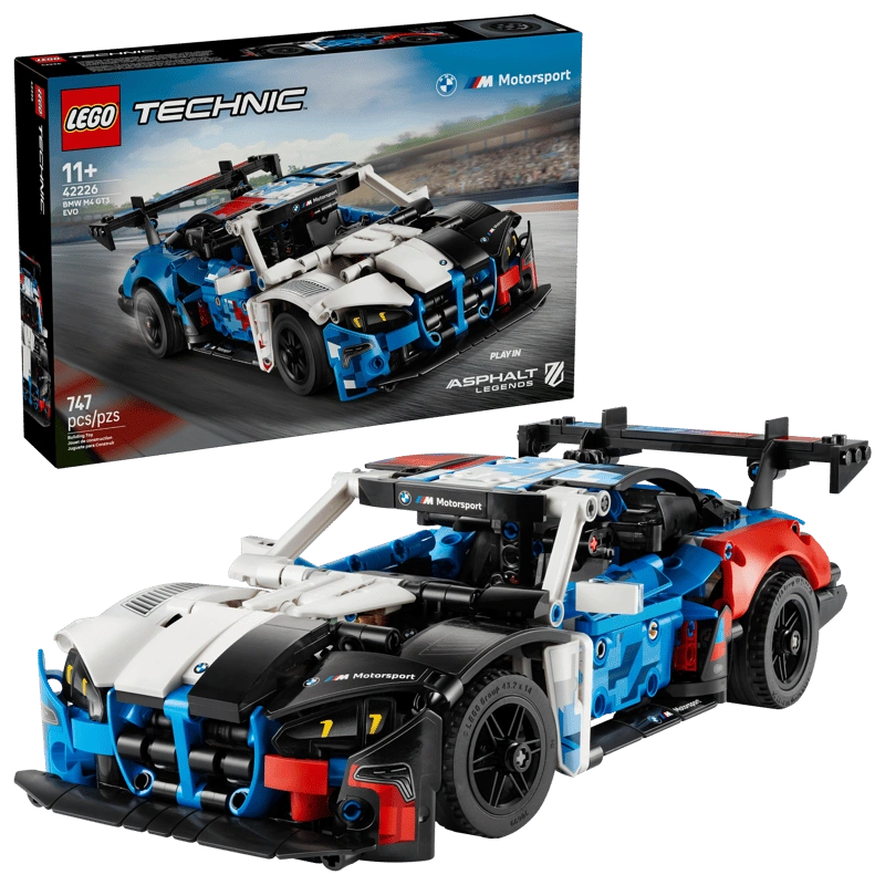 LEGO Technic BMW M4 GT3 EVO Race Car 42226 with retail box behind displaying set number 42226 and Asphalt Legends branding