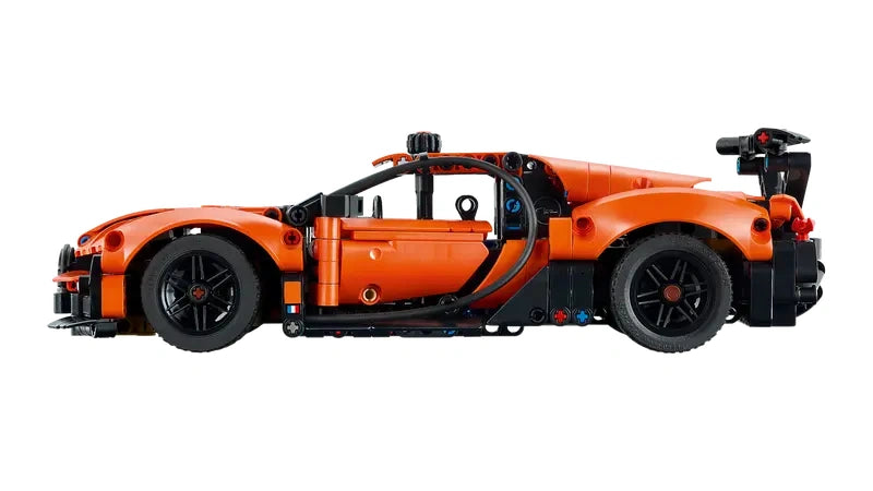 LEGO Technic Bugatti Chiron Pur Sport Hypercar 42222 side profile view showing doors, wheels and steering details