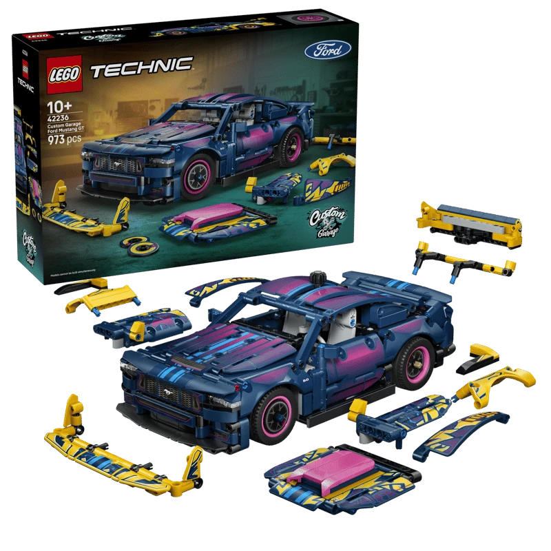 LEGO Technic Custom Garage Ford Mustang GT Car 42236 box beside the completed car and interchangeable bodywork parts
