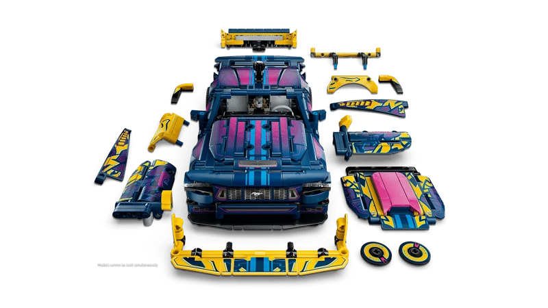 Front view of the LEGO Technic Custom Garage Ford Mustang GT Car 42236 with removable panels, wheels and spoilers arranged beside it