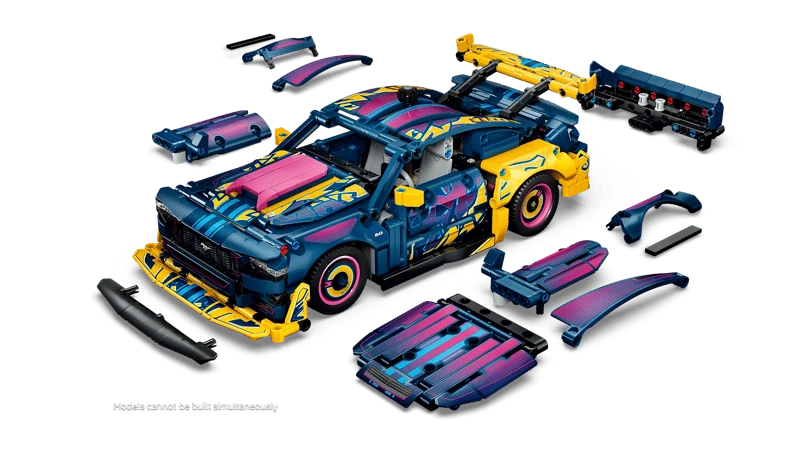 High angle right view of the LEGO Technic Custom Garage Ford Mustang GT Car 42236 with removable panels and spoilers