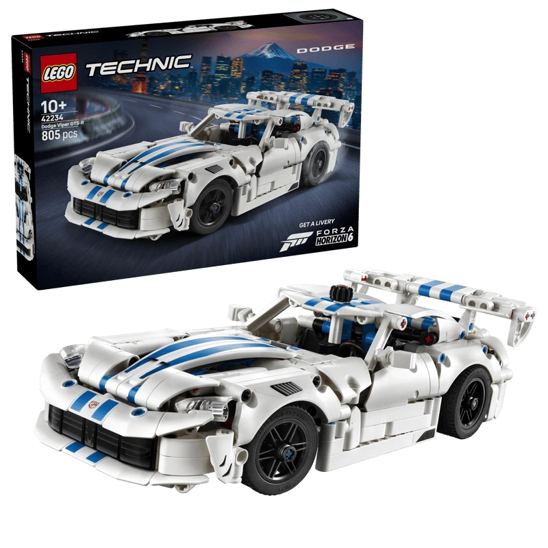 LEGO Technic Dodge Viper GTS-R Sports Car 42234 box beside the completed white and blue car model