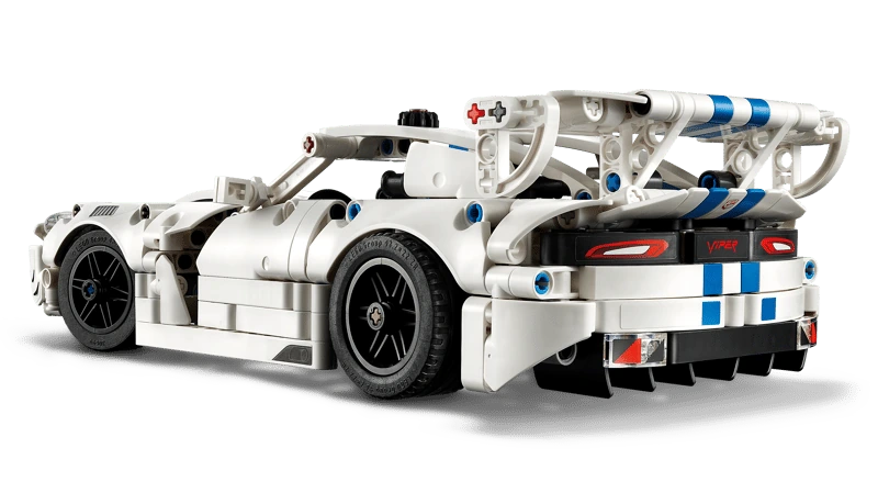 Rear three quarter view of the LEGO Technic Dodge Viper GTS-R Sports Car 42234 showing the spoiler and rear lights