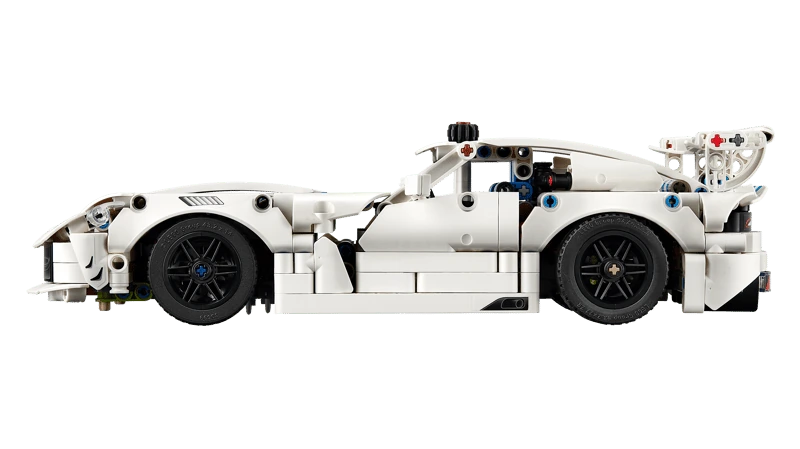 Side profile of the LEGO Technic Dodge Viper GTS-R Sports Car 42234 with black wheels and a large rear spoiler