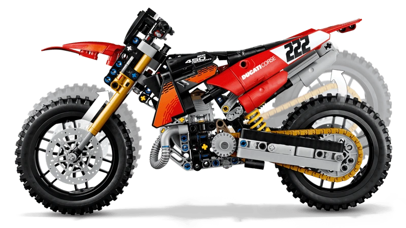 Side view of the LEGO Technic Ducati Desmo450 MX Factory Motorcycle 42238 with arrows beside the front and rear wheels