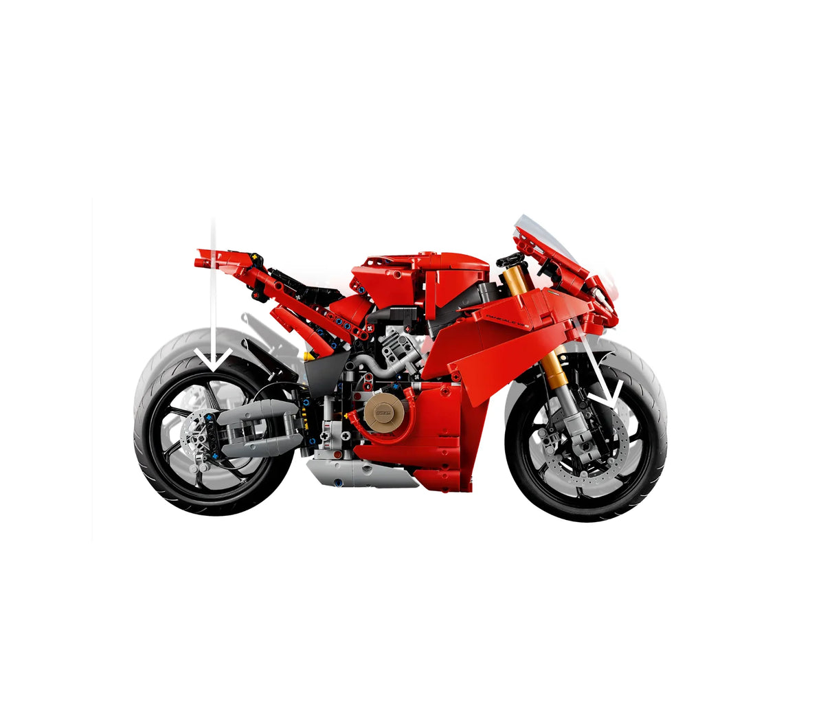 LEGO Technic Ducati Panigale V4 S Motorcycle 42202 model side view with functional suspension detail – Ireland
