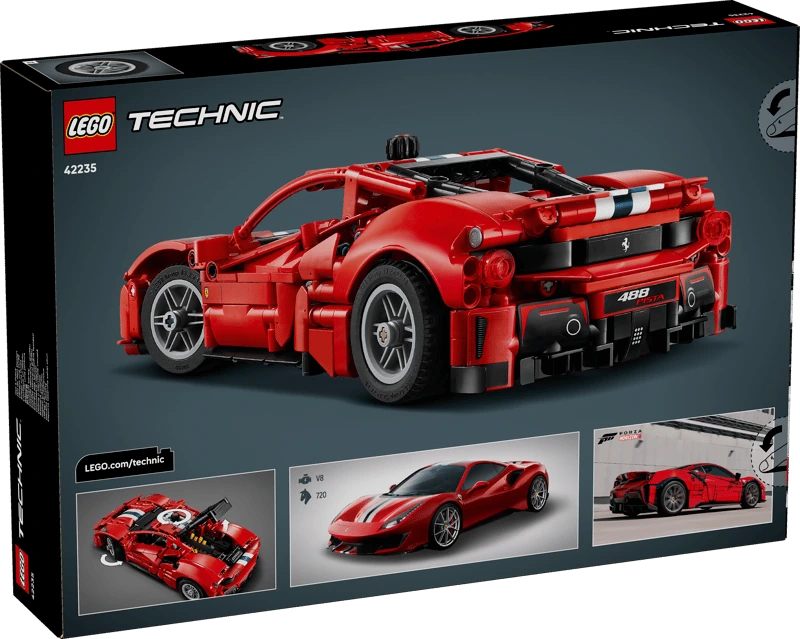 Back of the LEGO Technic Ferrari 488 Pista Car 42235 box showing the completed model and feature images
