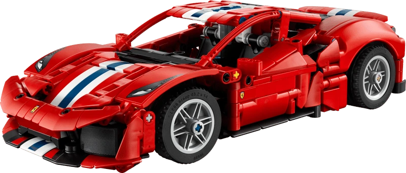 Front three quarter view of the LEGO Technic Ferrari 488 Pista Car 42235 with grey wheels and white and blue stripes