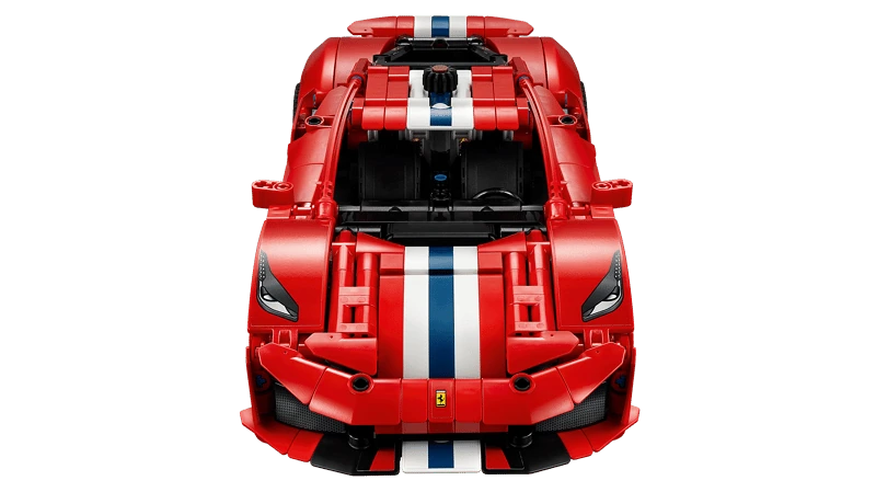 Front view of the red LEGO Technic Ferrari 488 Pista Car 42235 with white and blue bonnet stripes