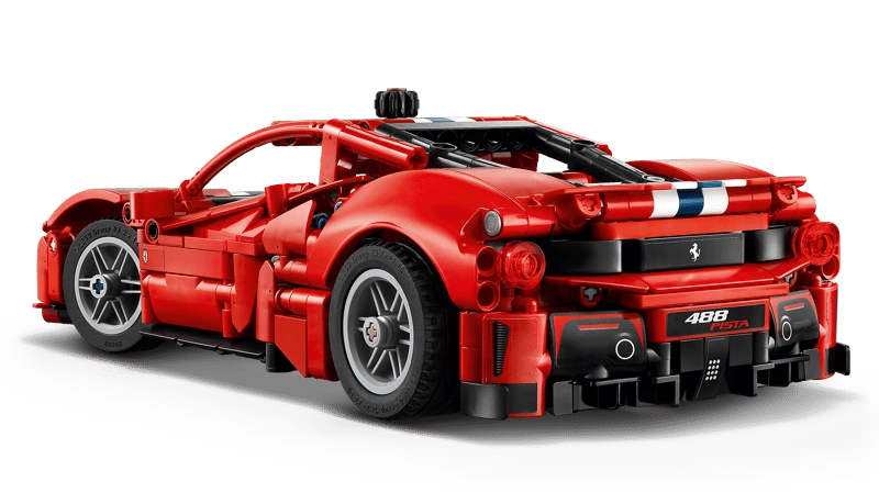 Front three quarter view of the LEGO Technic Ferrari 488 Pista Car 42235 with grey wheels and white and blue stripes