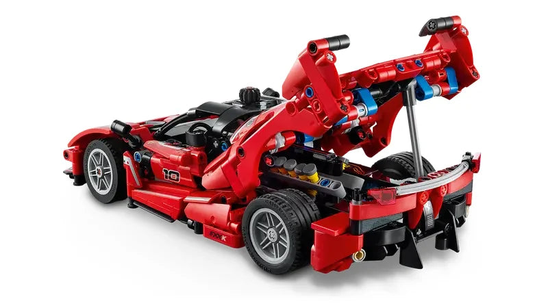 Rear angle of LEGO Ferrari FXX K with engine flap open to reveal pistons – Ireland