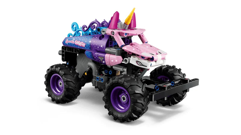 LEGO Technic Monster Jam Sparkle Smash unicorn themed monster truck shown from a front angled view with pink body panels, purple wheels, unicorn horn and black tyres on a white background