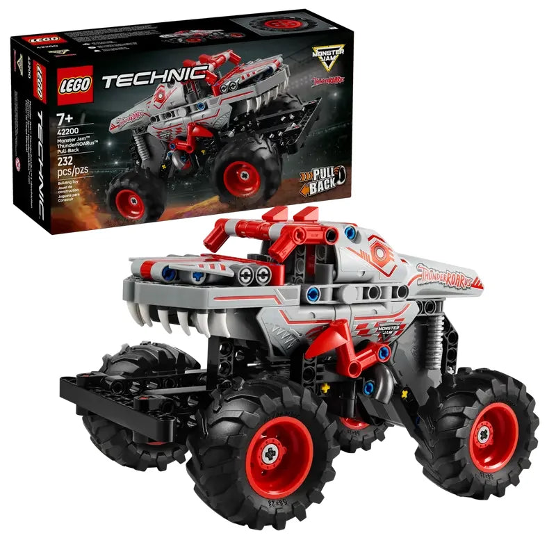 LEGO Technic Monster Jam ThunderROARus pull-back truck with display box and dinosaur-inspired details on white background in Ireland.