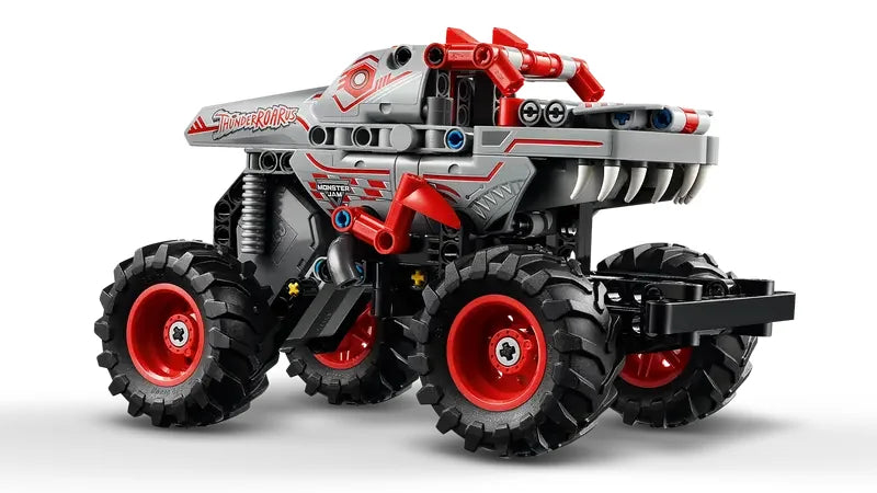 Side profile of LEGO Technic Monster Jam ThunderROARus pull-back truck highlighting spikes, teeth and chunky tyres in Ireland.