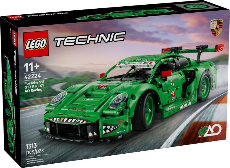 LEGO Technic Porsche 911 GT3 R REXY AO Racing Car 42224 retail box showing green Porsche race car with dinosaur graphics