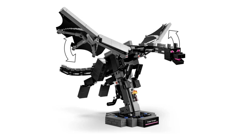 LEGO Minecraft Ender Dragon build with arrows showing wing movement