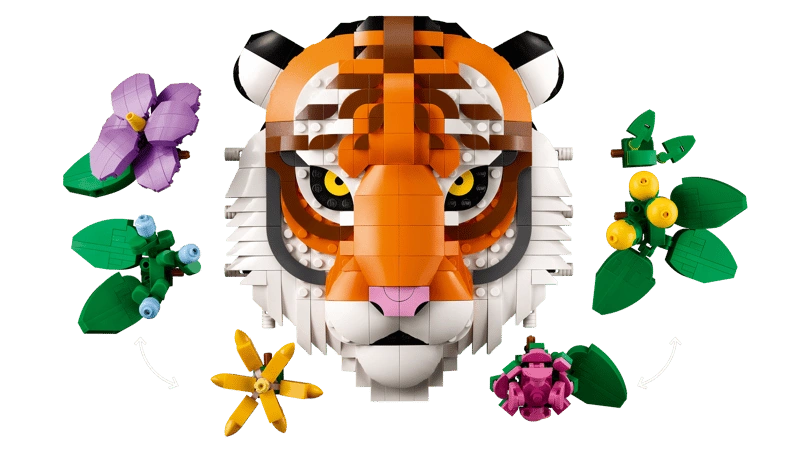 LEGO tiger head model facing forward with separate flower builds around the face