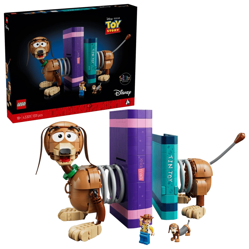 LEGO Toy Story Slinky Dog Bookends box beside the completed bookends model