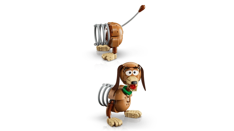 LEGO Slinky Dog model shown as separate front and rear sections with spring body and curved tail