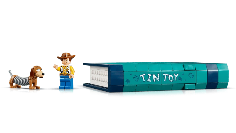 LEGO turquoise Tin Toy book build with Woody figure and small Slinky Dog figure beside it