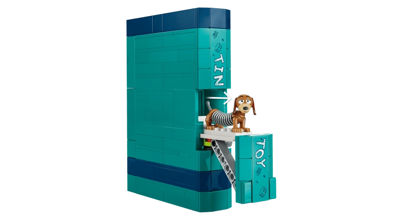 LEGO turquoise book build with a small Slinky Dog figure on an extended side platform