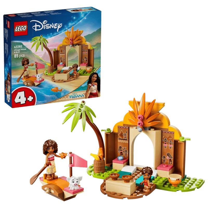LEGO Disney Village House & Boat box shown with completed village house, boat, palm tree and figures