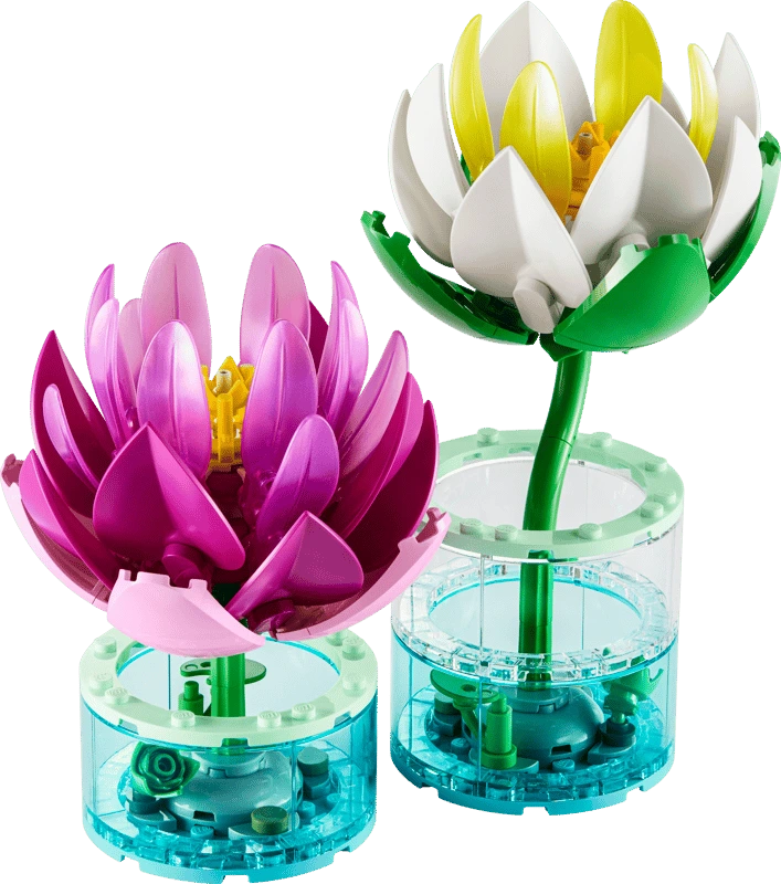 LEGO Water Lilies display with pink and white flower builds in transparent blue bases