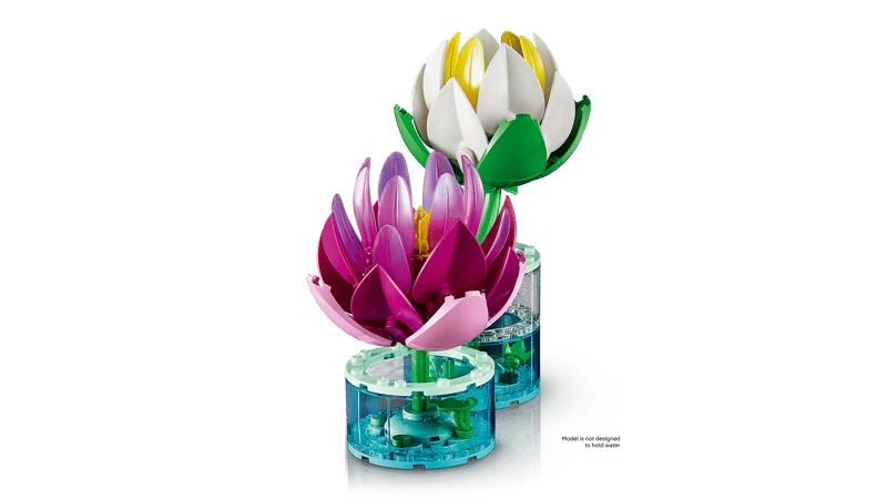 Side view of LEGO Water Lilies with pink flower in front and white flower behind