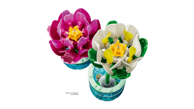 Top view of LEGO Water Lilies pink and white flower builds with yellow centres