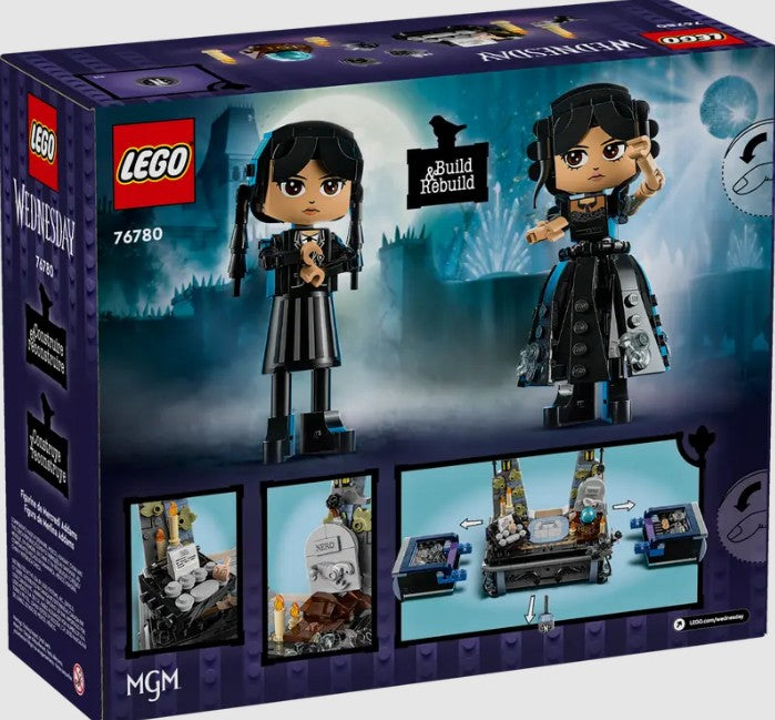 LEGO Wednesday Addams Figure 76780 box back with multiple poses – ToyTown.ie Ireland