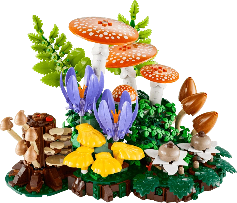 LEGO Woodland Mushrooms display with red fly agaric mushrooms, purple crocuses and green ferns