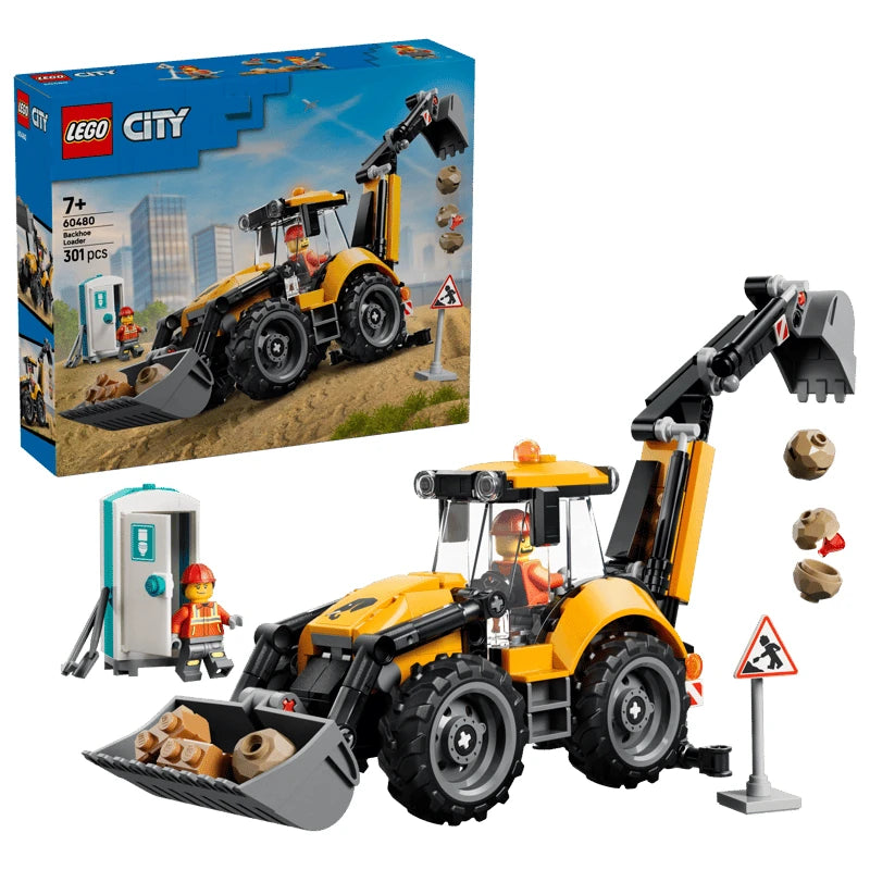 LEGO Yellow Backhoe Loader box shown with completed loader, portable toilet, worker minifigures, sign and rubble