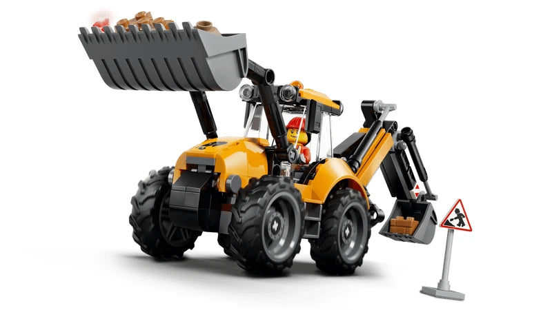 LEGO Yellow Backhoe Loader with raised front bucket, backhoe arm and road sign