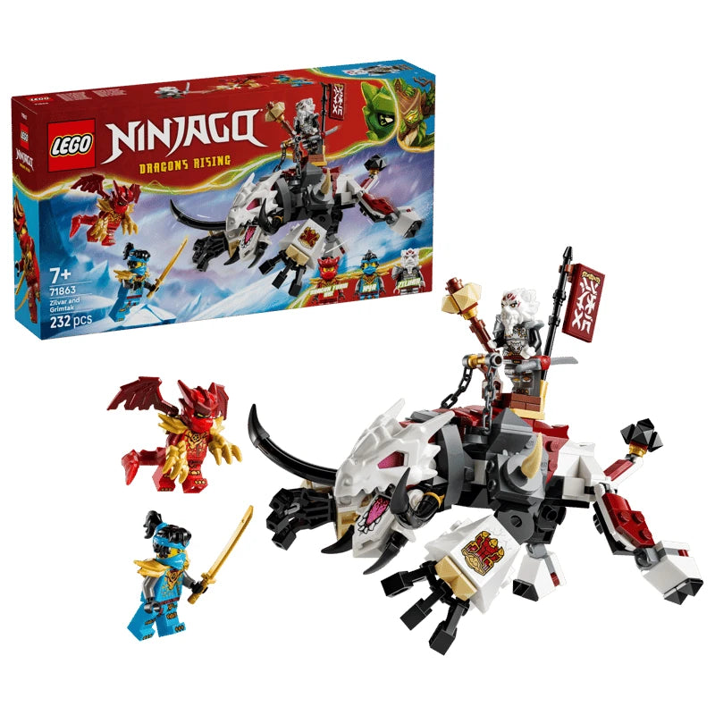 LEGO NINJAGO box with built white dragon beast model and three minifigures