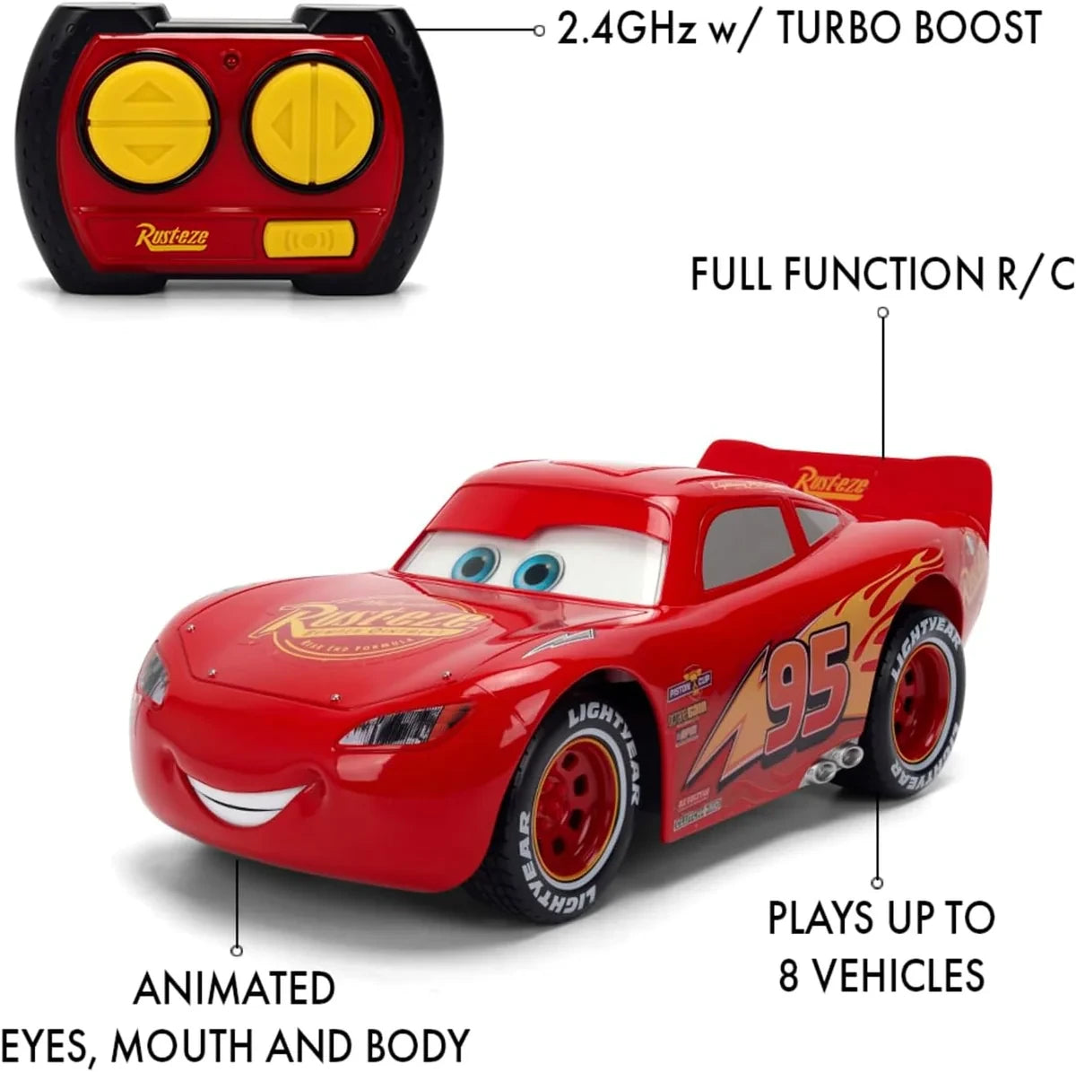Lightning McQueen Animated RC with red and yellow remote controller, showing 2.4 GHz turbo boost control and labels identifying animated eyes, mouth and body movements.