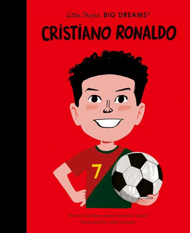 Little People, BIG DREAMS Cristiano Ronaldo front cover with an illustrated footballer holding a football against a red background
