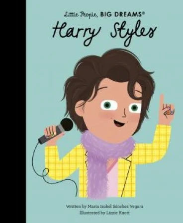 Little People, BIG DREAMS Harry Styles book cover showing an illustrated boy with a microphone and raised hand