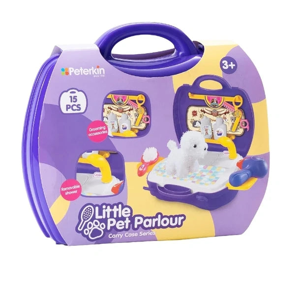 Peterkin Little Pet Parlour Carry Case packaging showing the purple carry case, 15 piece count, white plush puppy, grooming accessories and removable shower feature