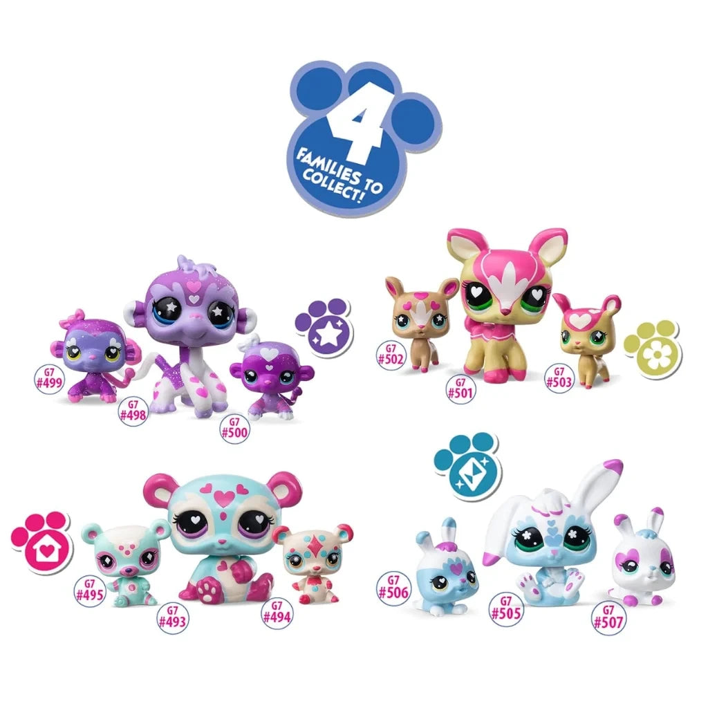 Littlest Pet Shop Series 6 collector lineup showing four animal families, including monkey, deer, panda and rabbit figures, with numbered pets and baby figures.