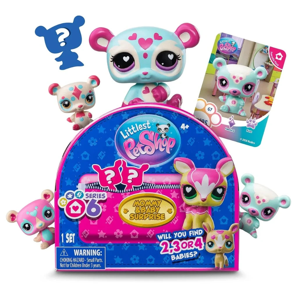 Littlest Pet Shop Mommy & Baby Series 6 mystery pack with pink and blue packaging, panda mother and baby figures, and collector card.