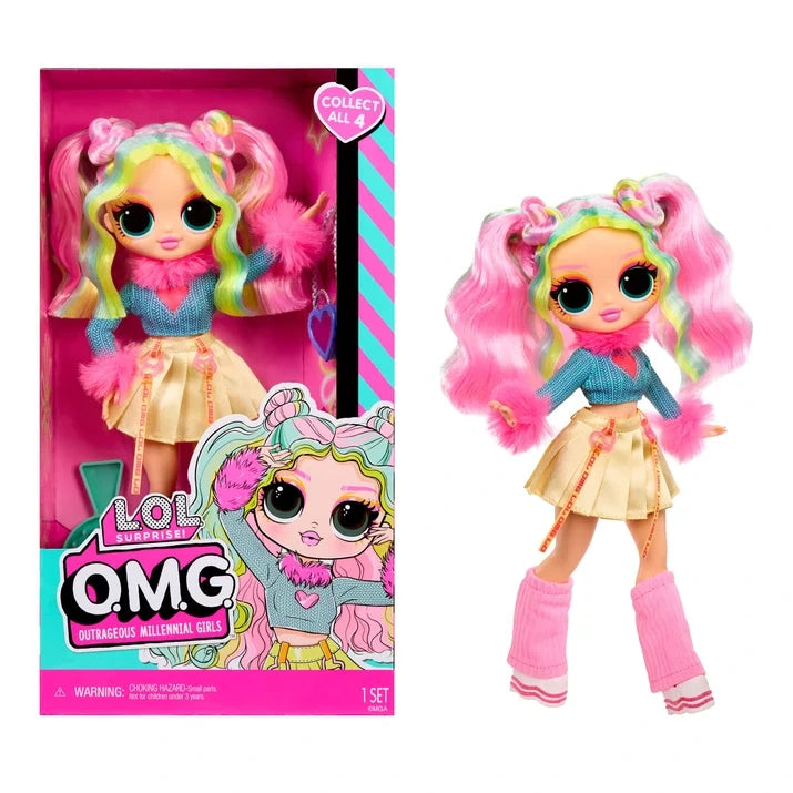 L.O.L. Surprise O.M.G. Bubblegum D.J. doll displayed beside her bright pink window box, with pink pigtails, pastel green and yellow hair streaks, a turquoise top, gold skirt, pink leg warmers and illustrated character artwork on the packaging.