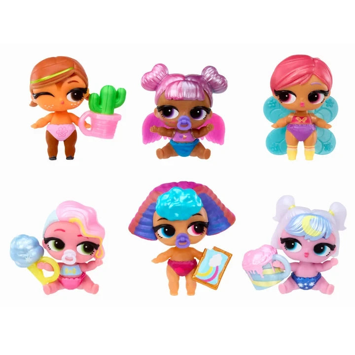 Six L.O.L. Surprise Bubbly Surprise Baby Sisters dolls arranged in two rows, showing their colourful hairstyles, outfits and character details.
