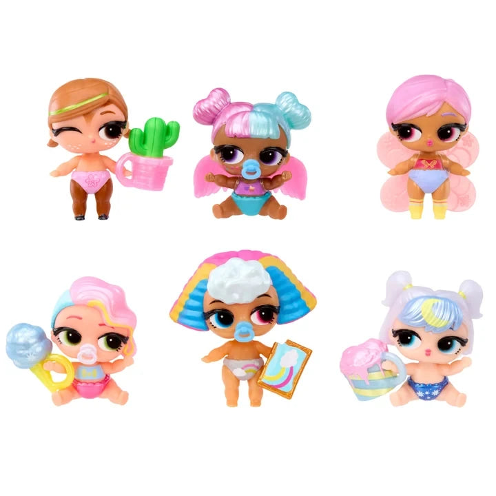 Six L.O.L. Surprise Bubbly Surprise Baby Sisters displayed in two rows, showing their pastel coloured designs before the cold water colour change.