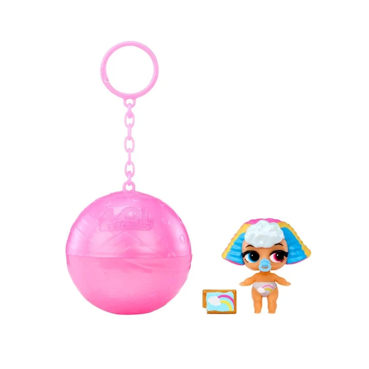 L.O.L. Surprise Bubbly Surprise Baby Sister miniature doll displayed beside its pink ball shaped keychain container.