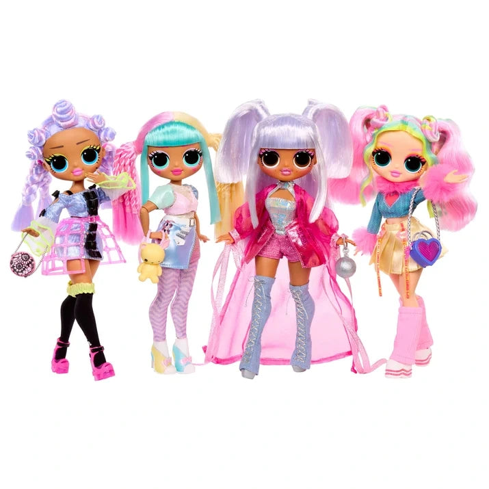 Four L.O.L. Surprise O.M.G. dolls standing together against a white background, featuring Candylicious, Kitty K, Bubblegum D.J. and Miss Royale in colourful outfits with different hairstyles.