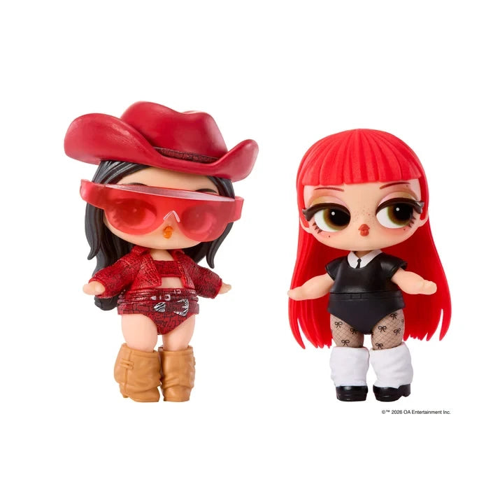 Two L.O.L. Surprise Music Festival Headliners Tots dolls, one wearing a red cowboy hat, oversized red sunglasses, red clothing and brown boots, and the other with long bright red hair, a black outfit and white leg warmers.