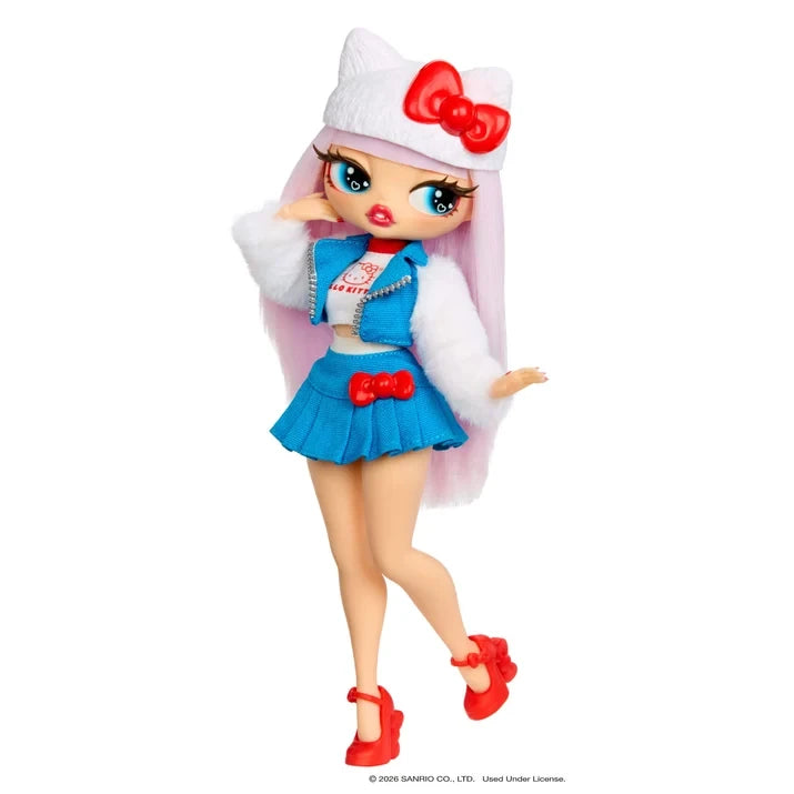 Full length view of the L.O.L. Surprise O.M.G. Hello Kitty doll posing with one hand near her face, wearing a white hat with red bow, blue pleated skirt, white fluffy sleeves and red high heels decorated with bows.