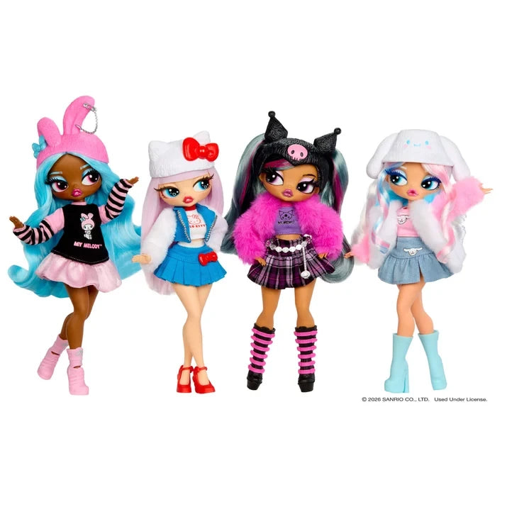 Four L.O.L. Surprise O.M.G. Hello Kitty and Friends dolls standing together, featuring My Melody with turquoise hair, Hello Kitty in a blue skirt, Kuromi wearing pink and black, and Cinnamoroll in a white hat and pale blue boots.